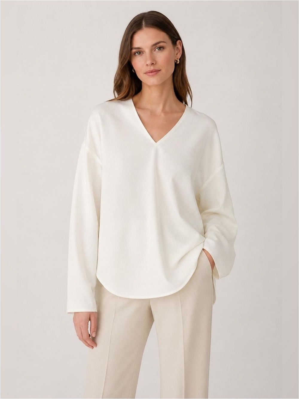 Tibi Structured Crepe V-Neck Top Ivory White Oversized XS Small Luxury Designer